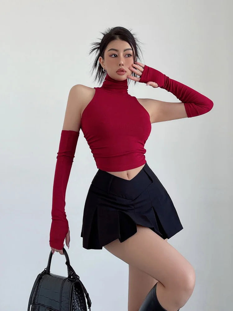 Women's High Neck Pleated Y2K Crop Top