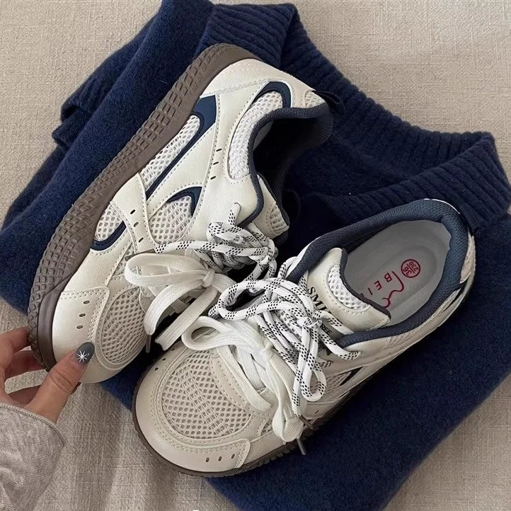 Women's Versatile Summer Sporty Breathable Mesh Slip - On Sneakers Trendy Cross - Tie Color - Block Flat Round - Toe Rubber - Soled Shoes - lily supply