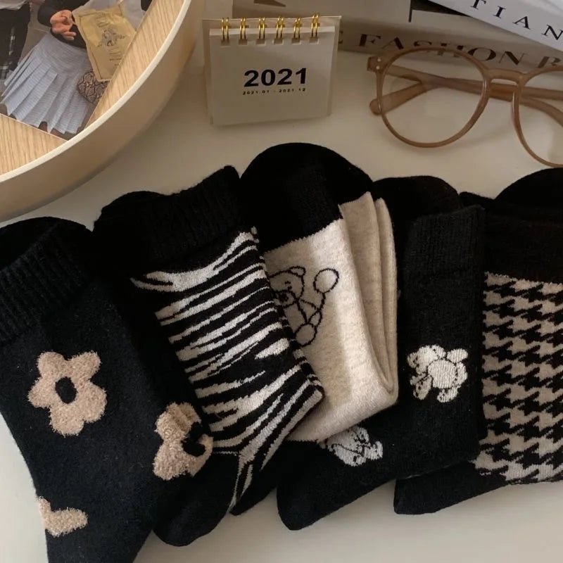 Women's Cute Bear Floral Mid Calf Socks - 5 Pairs Soft Breathable Casual - lily supply