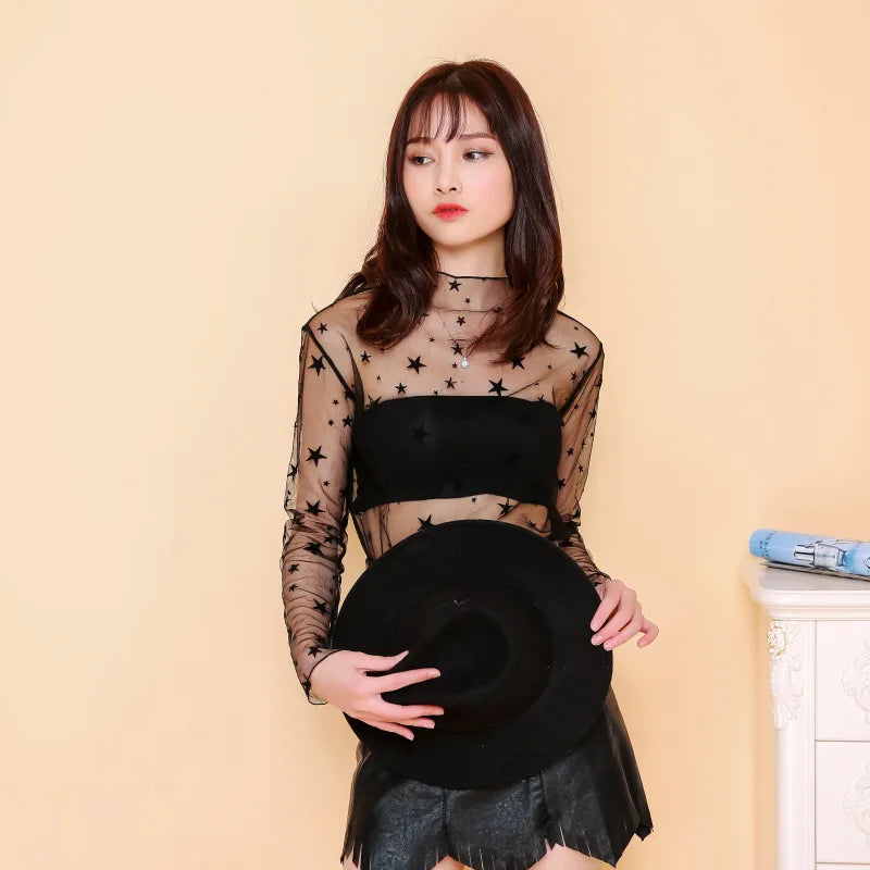 Women's Sheer Lace Mesh Long Sleeve Shirt