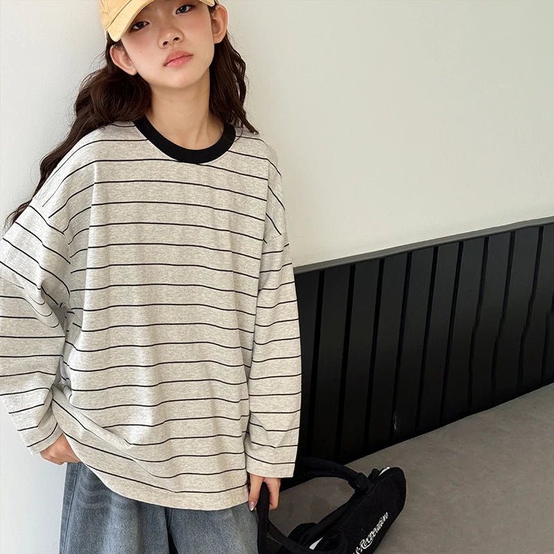 Girls' long sleeved T-shirt 2025 autumn outfit new children's striped casual top, girls' versatile spring and autumn base shirt - lily supply