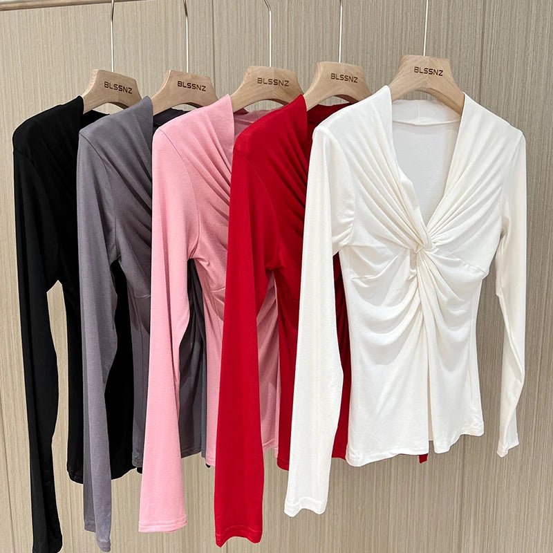 Girls Cotton Twisted V - neck T-Shirts Tees Female Long Sleeve High Elasticity Elegant Stretchy Tshirt Tops For Women - lily supply