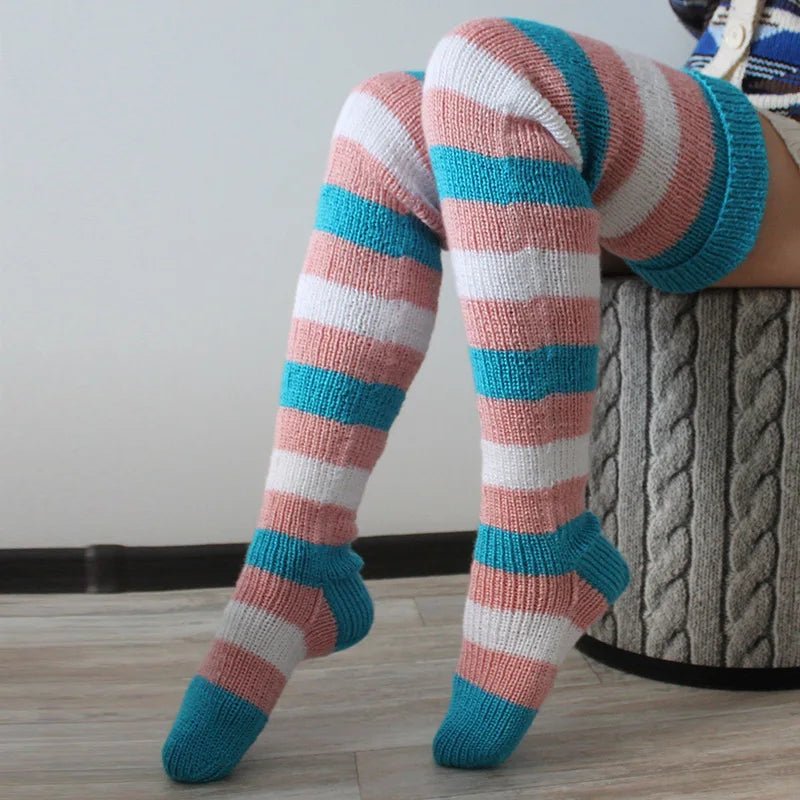 Women's Wool Knee Socks & Leg Warmers - Y2K Striped Knitted Stacked Socks - lily supply