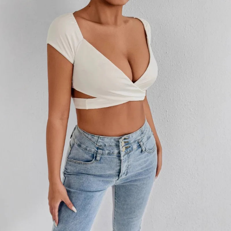 Women's V-Neck High Waisted Push Up Crop Top