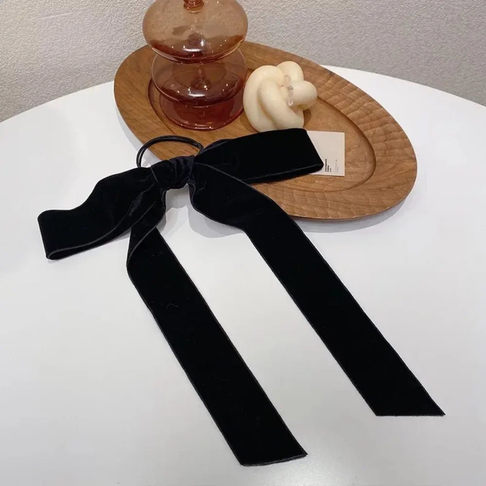 Vintage Black Velvet Bow Ribbon Scrunchie - Long Elastic Hair Tie for Women - lily supply