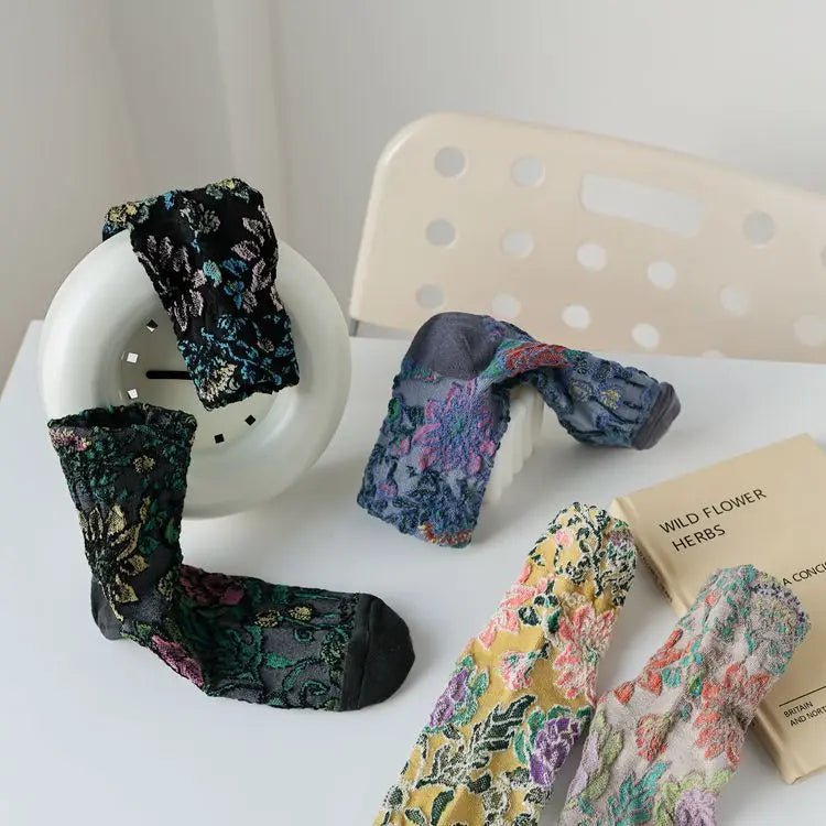 Women's Floral Embossed Harajuku Cotton Long Socks – Textured Knee Socks - lily supply