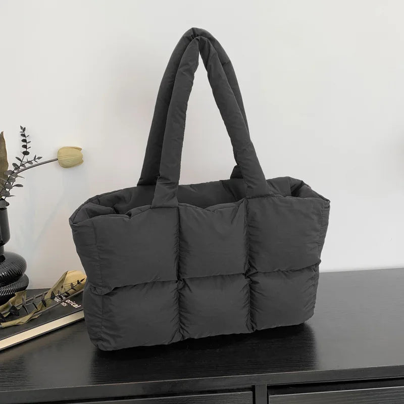 Women Tote Handbags Quilted Plaid Bag Retro Trendy Checkered Waterproof Shoulder Bag Solid Color Winter Soft Large Capacity Bags