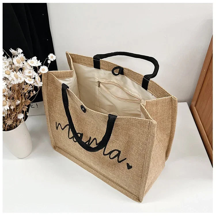 Mama Letter Print Linen Tote Bag - Large Capacity Baby Diaper Shoulder Bag