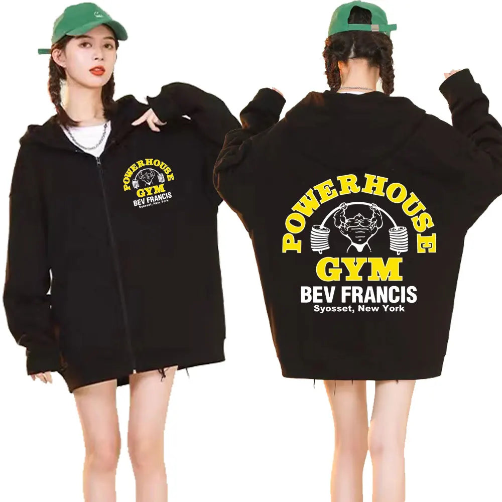Powerhouse Gym Logo Zip Up Hoodie - Oversized Gothic Streetwear Sweatshirt