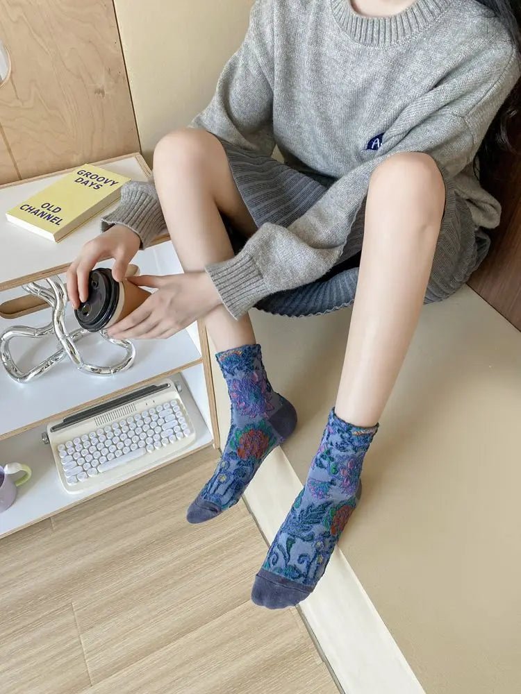 Women's Floral Embossed Harajuku Cotton Long Socks – Textured Knee Socks - lily supply