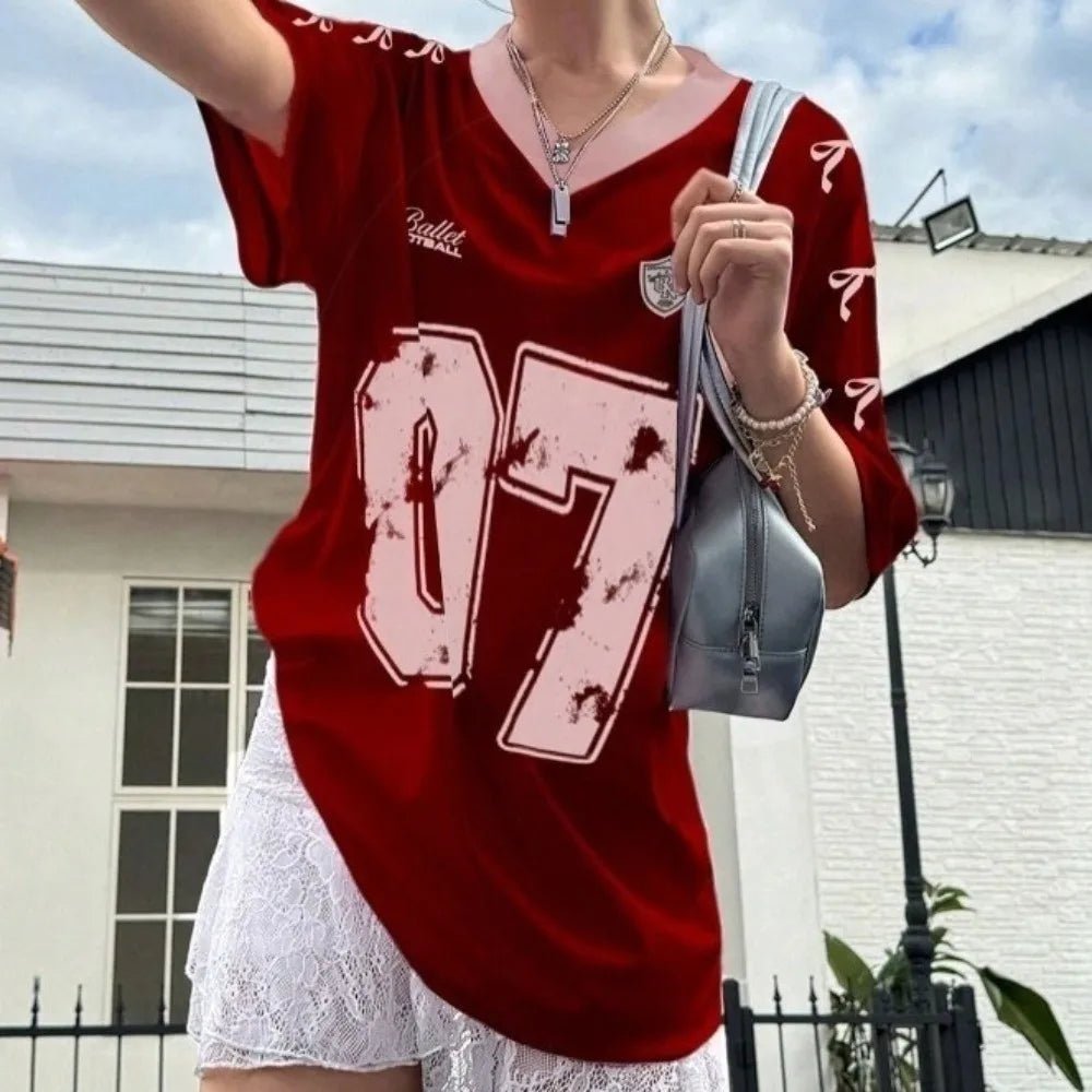 V - neck Sports Tennis T-shirts Teenagers Adolescent Number Print Female Crop Tops Casual Large Size Bow Letter Shirt - lily supply