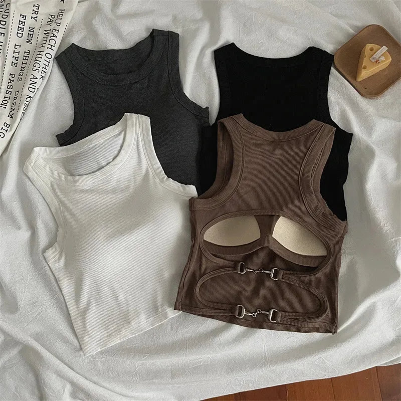 New Women Sports Tank Tops With Bra Pad Casual Crop Tops Backless Knitt Running Camisole For Women Streetwear Tops - lily supply