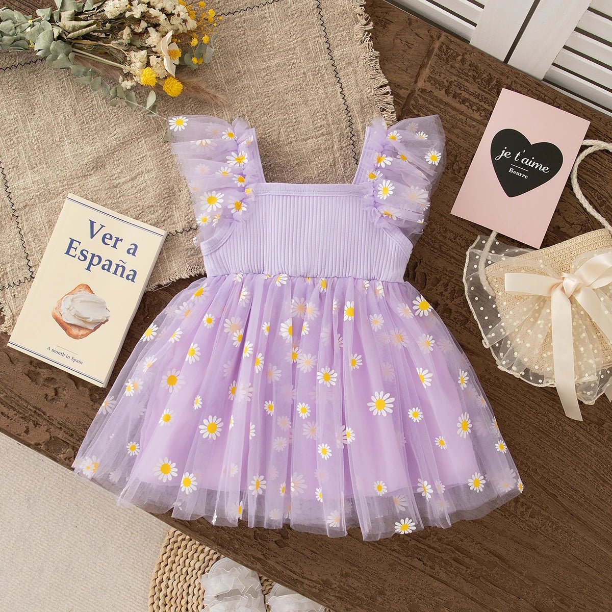 Girls Daisy Print Tulle Summer Dress | Cute Princess Baby Girl Dress 6M - 3Y - lily supply