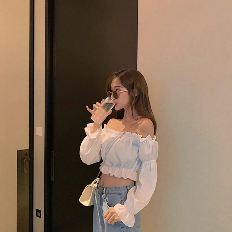 Women's Puff Sleeve Off Shoulder Crop Top - Ruffle Tunic Blouse