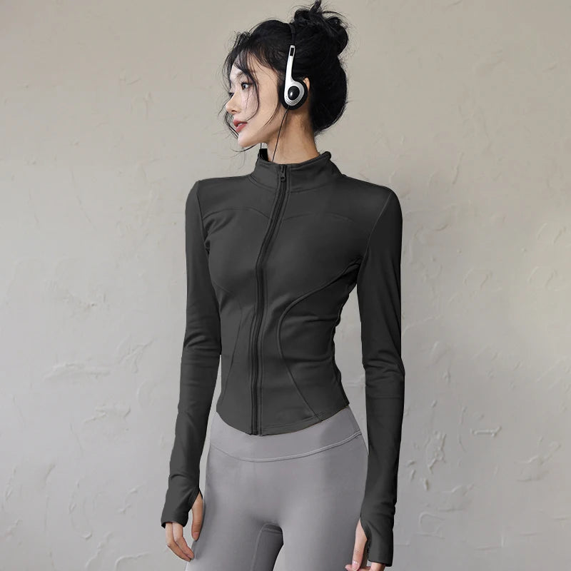 Women's Zip Yoga Running Cycling Jacket - Long Sleeve Gym Activewear Coat