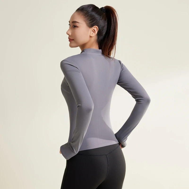 Women's Slim Zip Sports Yoga Coat - Long Sleeve Gym Running UV Protection