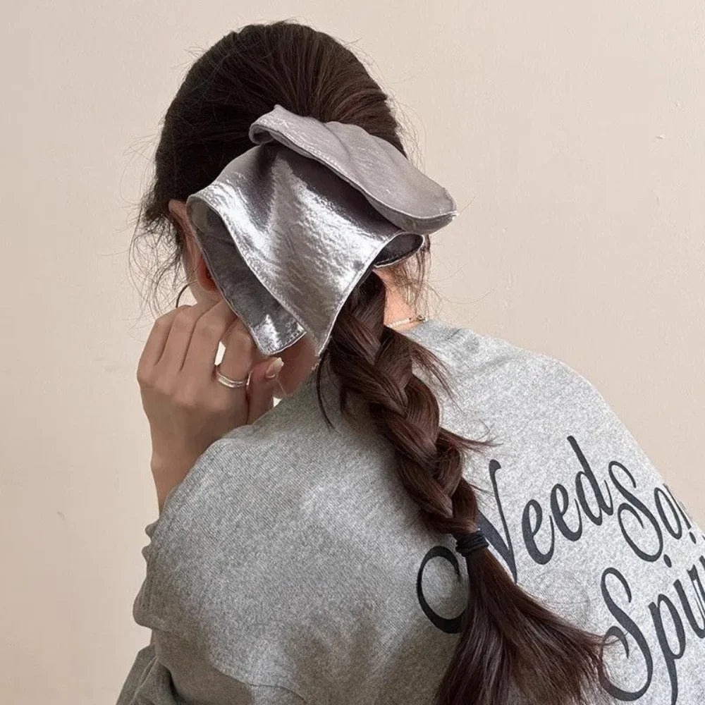 Korean Silver Square Shiny Fabric Scrunchie - Oversized Retro Ponytail - lily supply