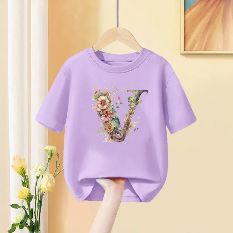 Girls T-Shirt 26 English Letter A B C D Children Fashion Flower T Shirt Kids Custom Name Letter Summer Purple Clothes - lily supply