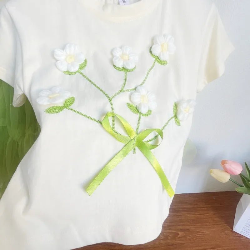 Girls Short Sleeve T-shirt Summer Baby Girl Sweet 3D Flowers Tee Kids Cotton Tops 1 - 6Y Chidlren Trendy Casual Clothes - lily supply