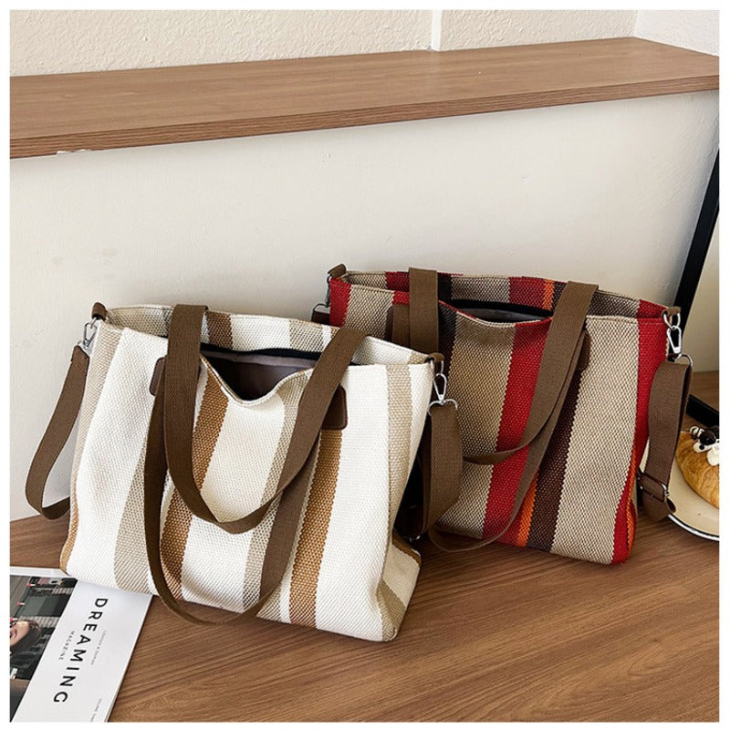Women's Striped Canvas Crossbody Shoulder Bag - Large Tote 2023