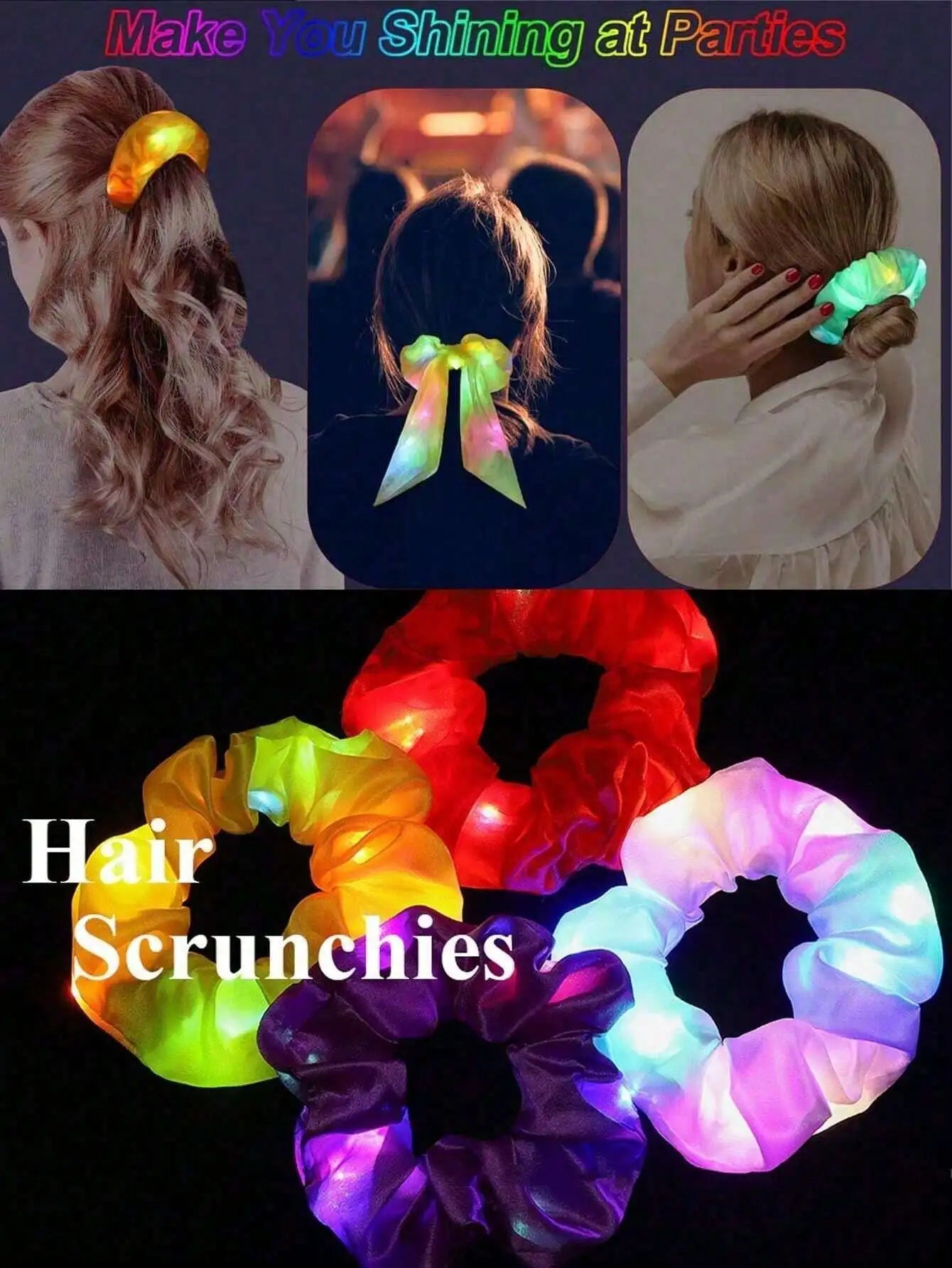 10pc LED Light Up Hair Scrunchie - Elastic Satin Party Ponytail Holder - lily supply