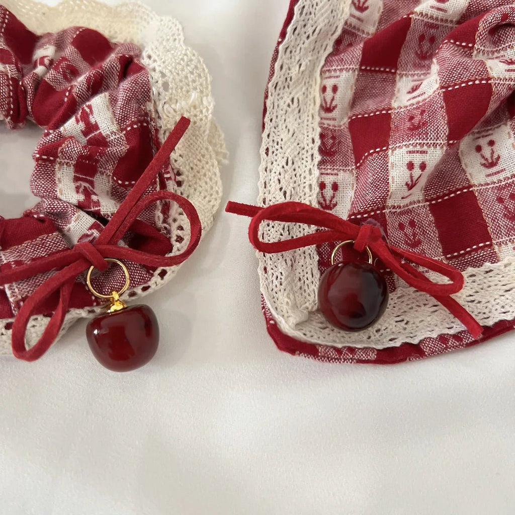 Red Check Cherry Lace Scrunchie - Sweet Square Scarf Hair Rope - lily supply
