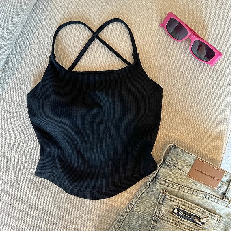 Women's Slim Strap Vest Tank Top with Chest Pad