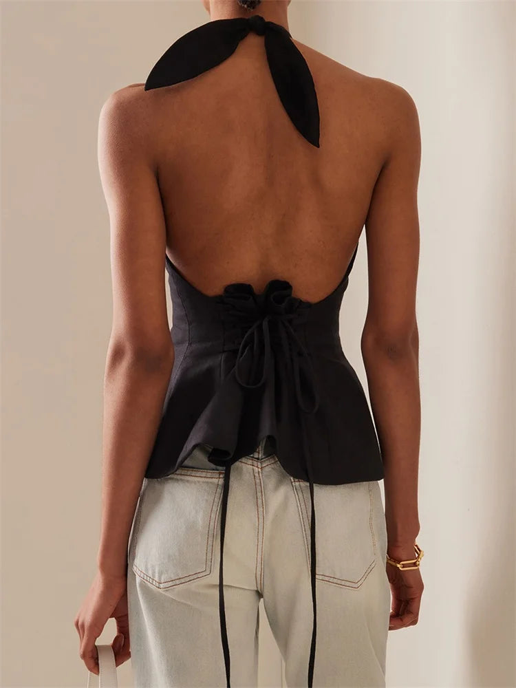 Women's Tie-Up Halter Ruched Backless Vest