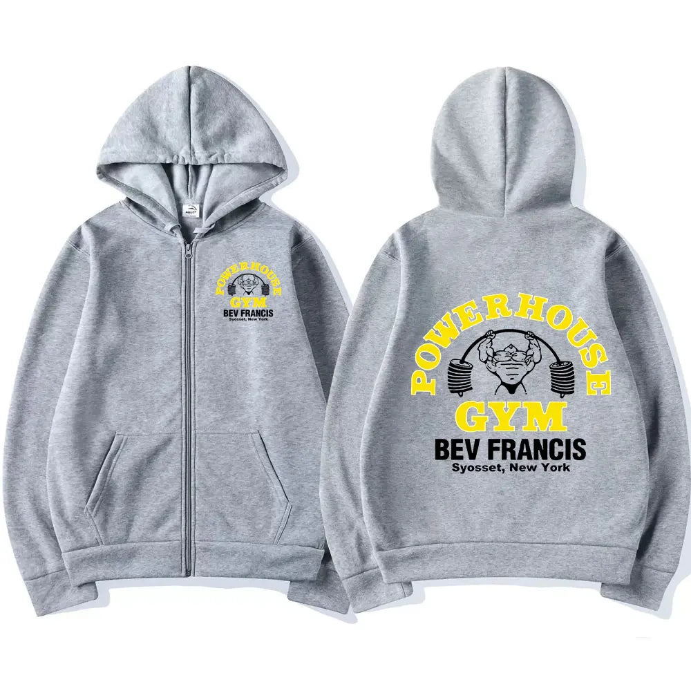 Powerhouse Gym Logo Zip Up Hoodie - Oversized Gothic Streetwear Sweatshirt