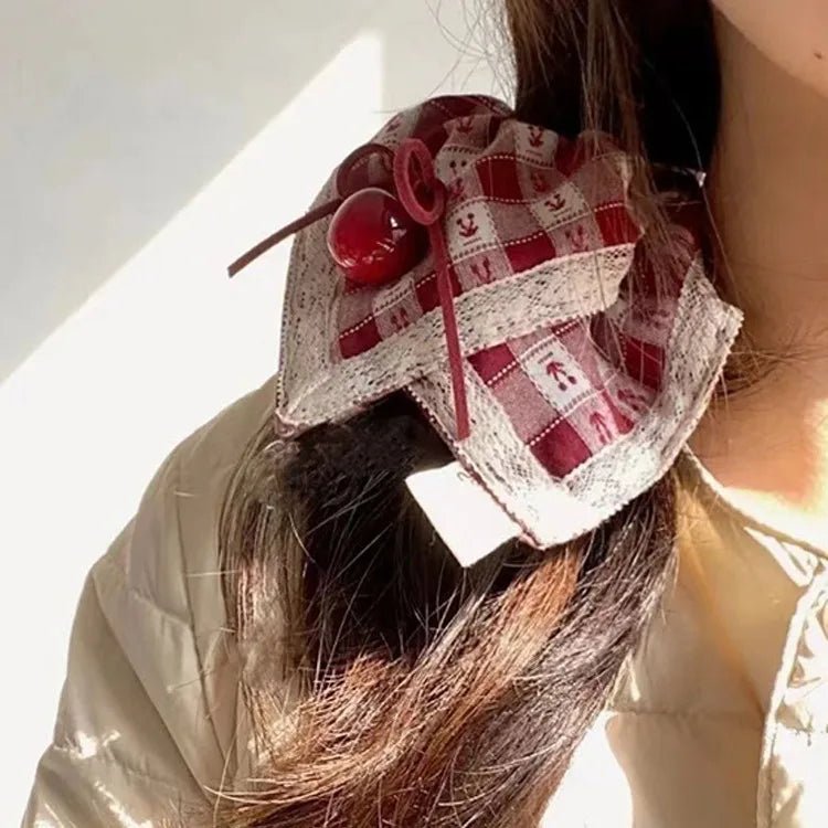 Red Check Cherry Lace Scrunchie - Sweet Square Scarf Hair Rope - lily supply