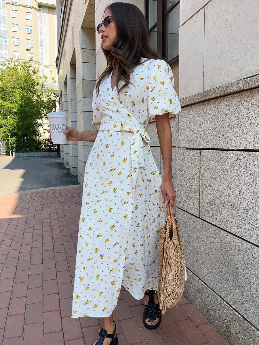 Women's Floral Printed Lace-Up Long Dress | Summer Casual V-Neck