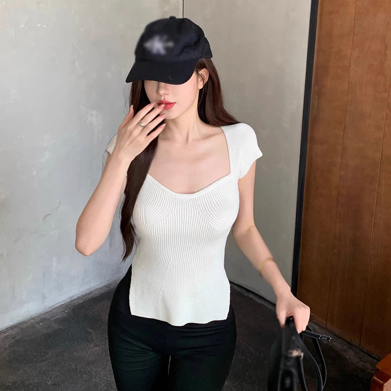 Women's Square Neck Knit Slim Split Top