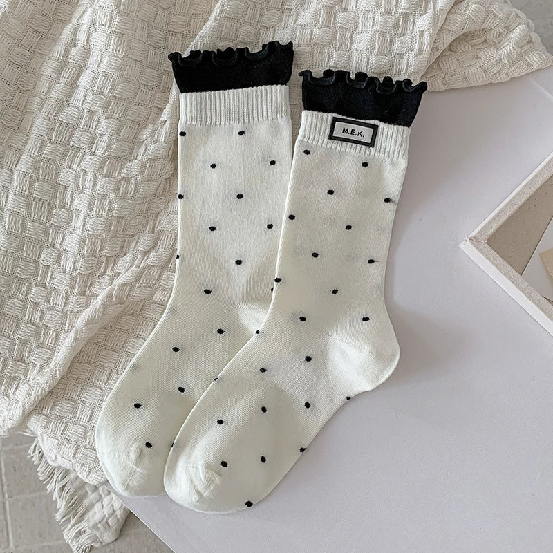 Women's Frilly Dots Preppy Long Cotton Socks – Sweet Knee High Socks - lily supply