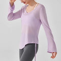 Women's yoga sports T-shirt, drawstring light thin sports loose hip covering irregular fitness long sleeved cover shirt - lily supply