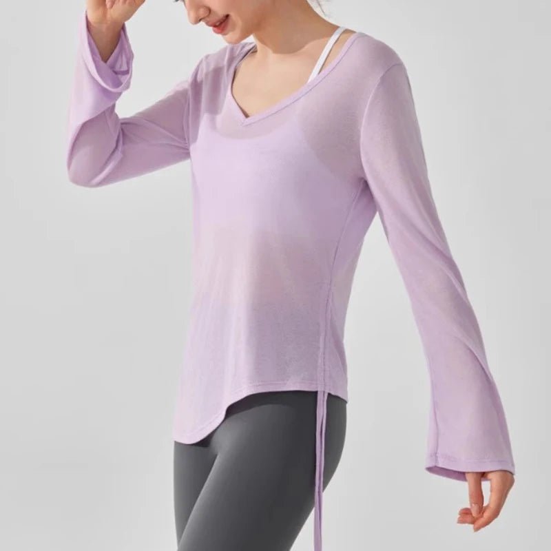 Women's yoga sports T-shirt, drawstring light thin sports loose hip covering irregular fitness long sleeved cover shirt - lily supply