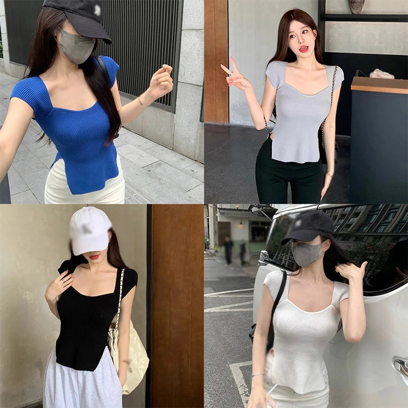 Women's Square Neck Knit Slim Split Top
