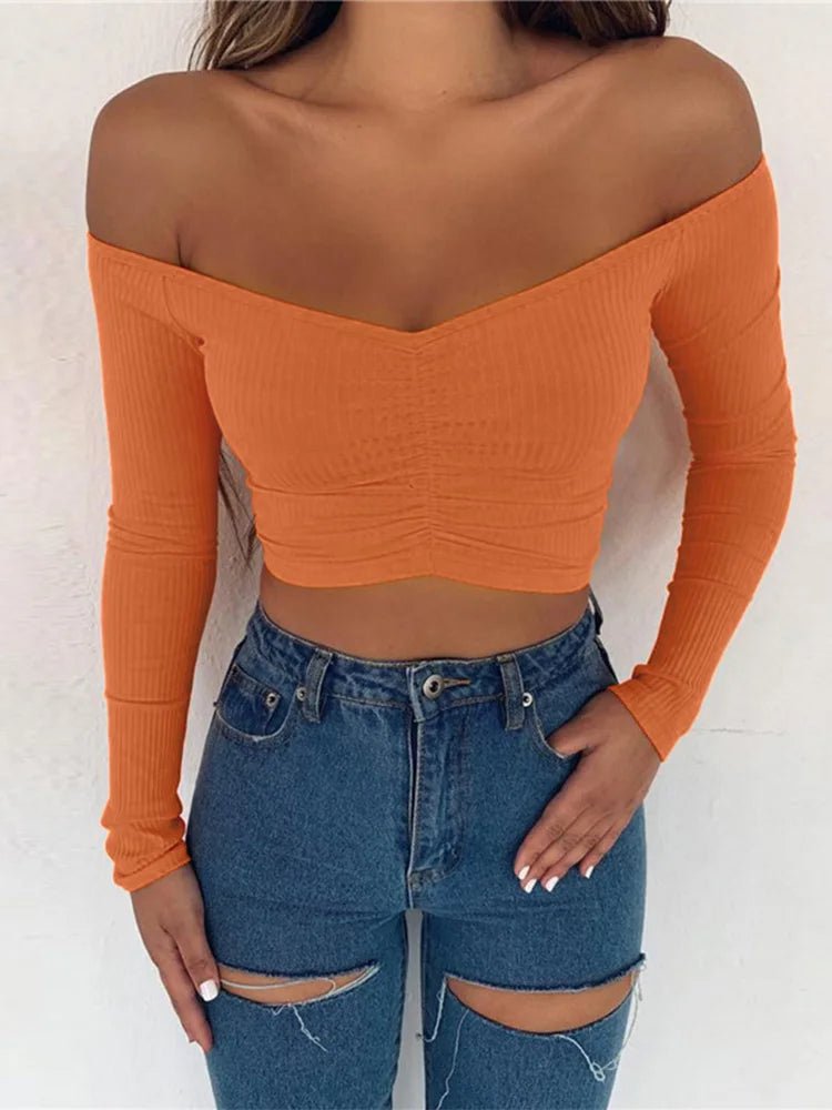 women T-shirts sexy and club fashion female T-shirt long sleeve off shoulder solid color lady Tshirt autumn basic tees - lily supply