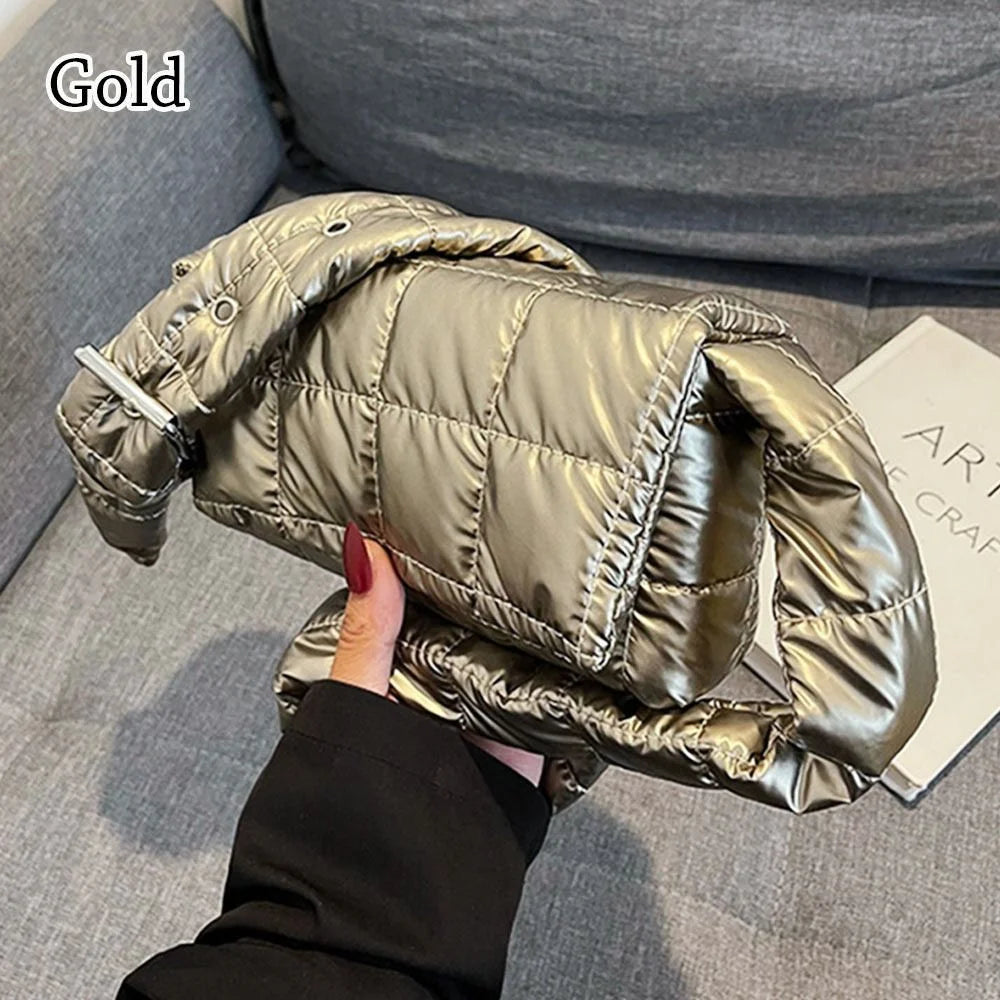 Fashion Quilted Padded Tote Bag - Warm Down Cotton Plaid Shoulder Bag