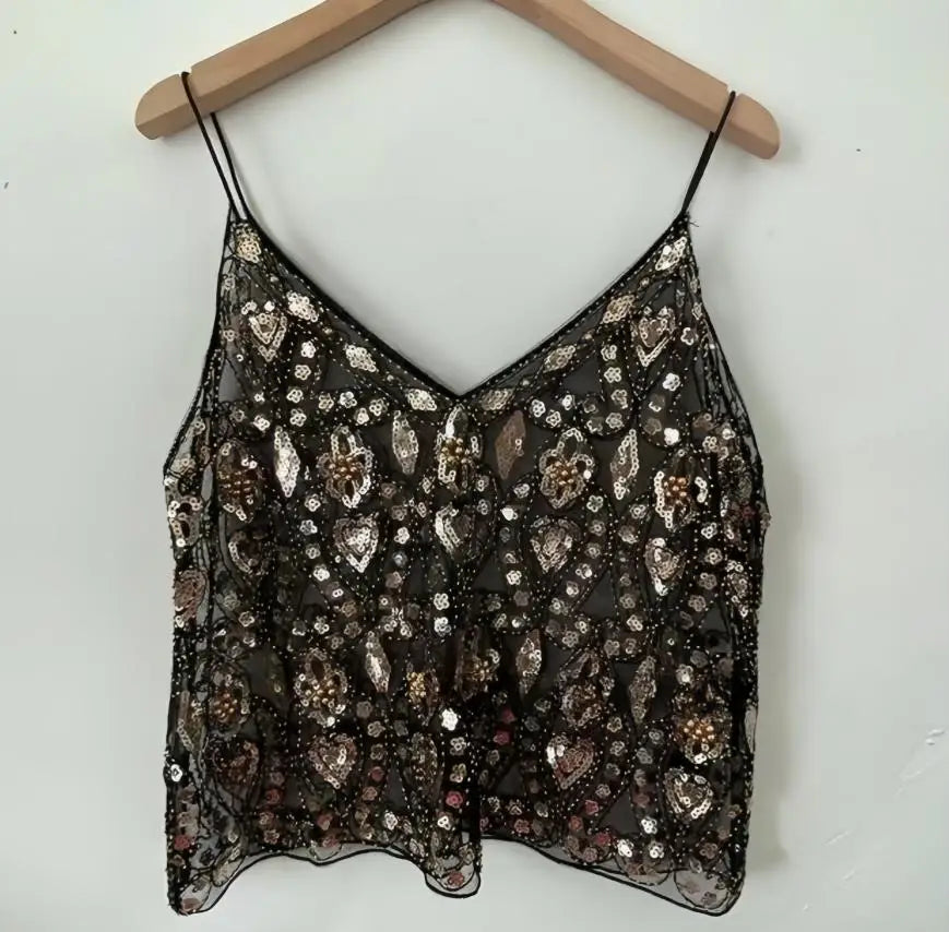Women's Sequined Beaded Mesh Sparkly Cami Top