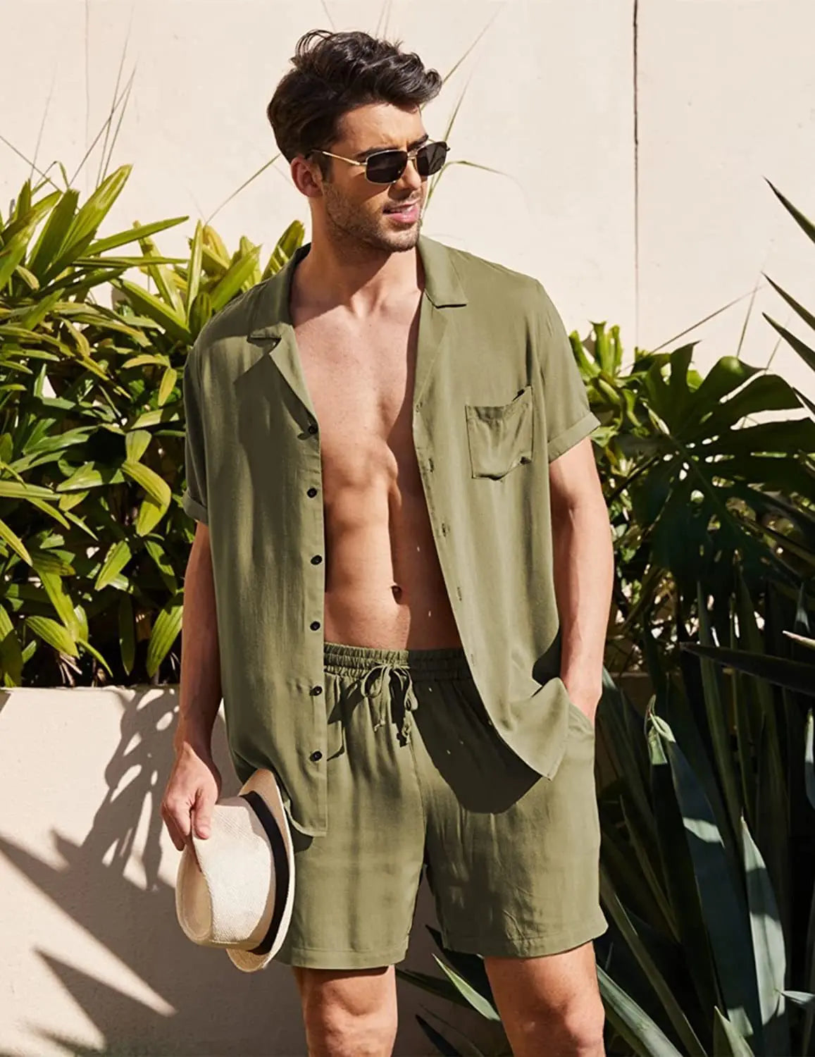 Men's Cotton Linen 2-Piece Beach Shirt Set
