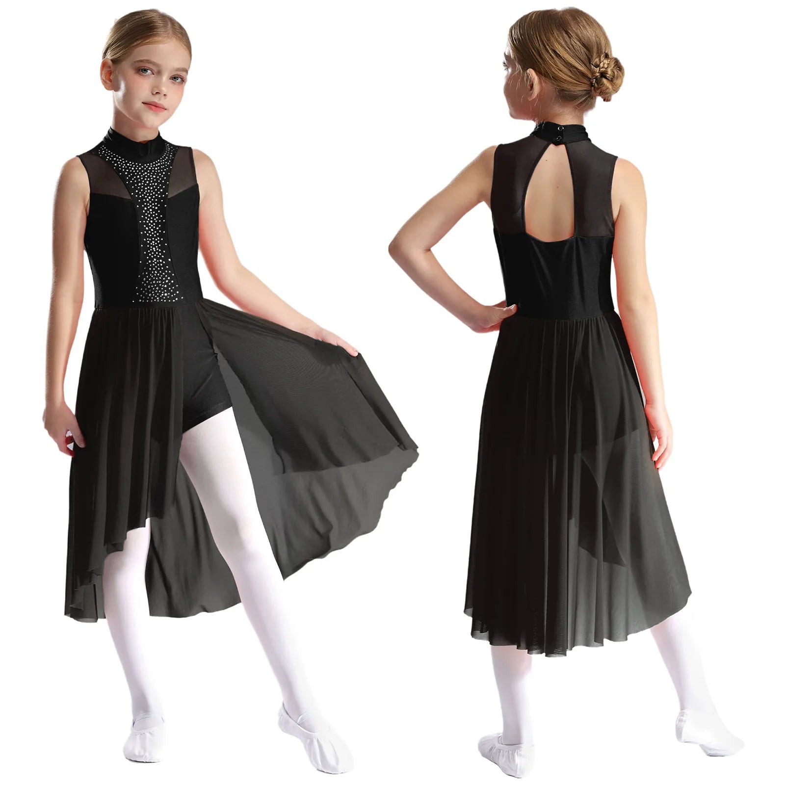 Girls Lyrical Dance Dress | Rhinestone Mesh Keyhole Back Leotard Costume Size 6 - 16 - lily supply