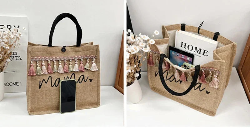 Mama Letter Print Linen Tote Bag - Large Capacity Baby Diaper Shoulder Bag