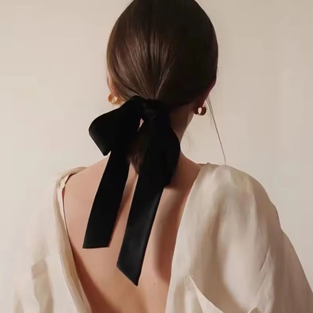Vintage Black Velvet Bow Ribbon Scrunchie - Long Elastic Hair Tie for Women