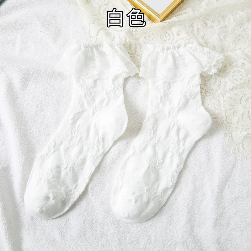 Women's Lolita Lace Ruffle Mesh Socks - Black White Sweet Japanese Fashion