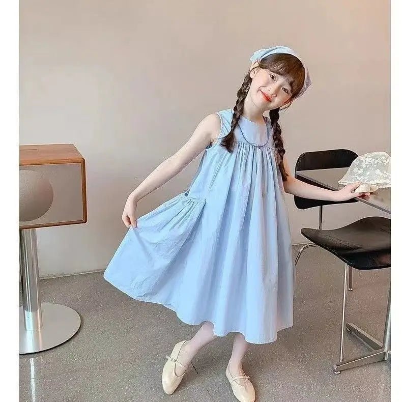 Girls Solid Cotton Ruched Sleeveless Dress with Pockets | Loose A - Line Summer Dress Ages 3 - 12Y - lily supply