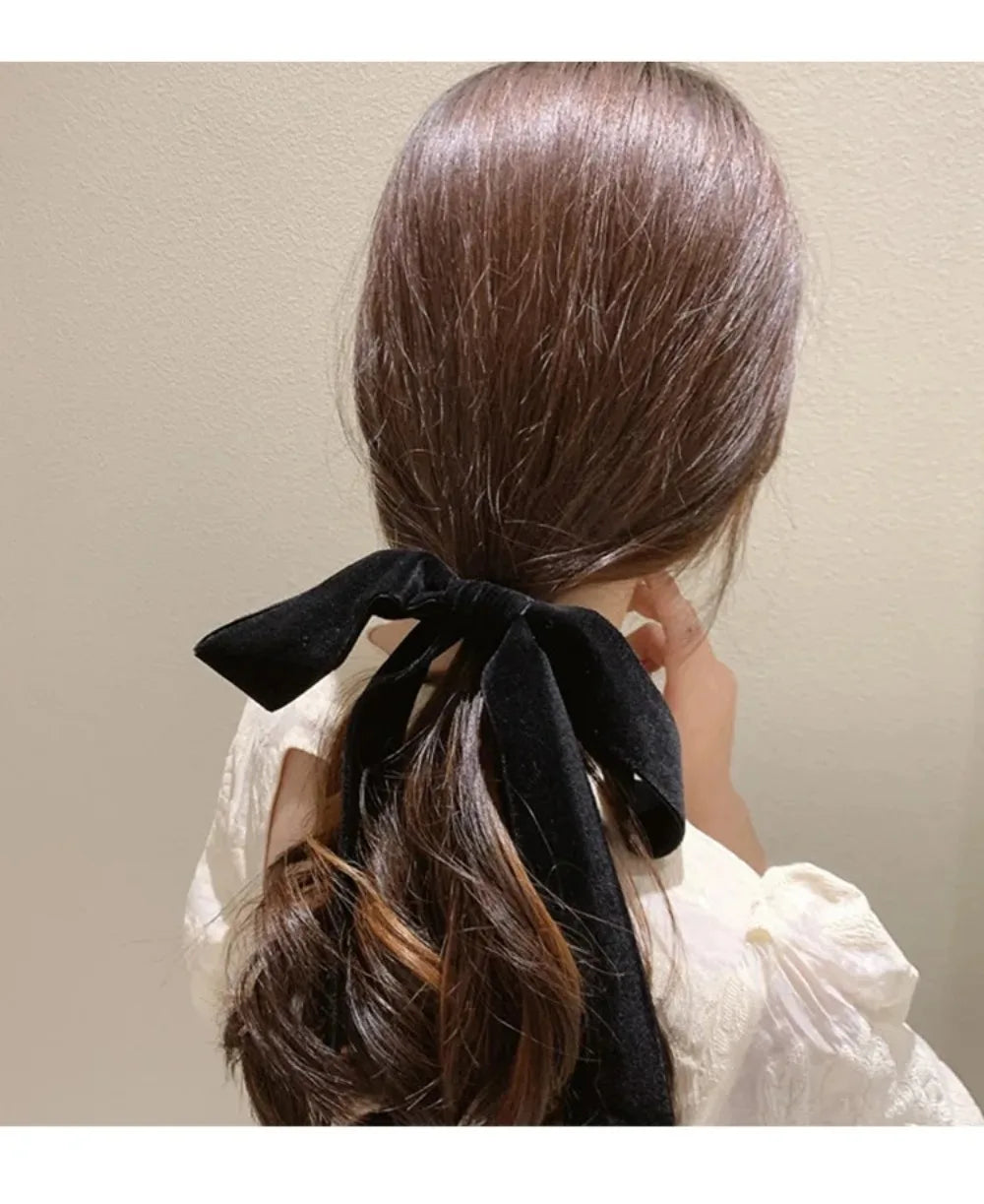 Vintage Black Velvet Bow Ribbon Scrunchie - Long Elastic Hair Tie for Women