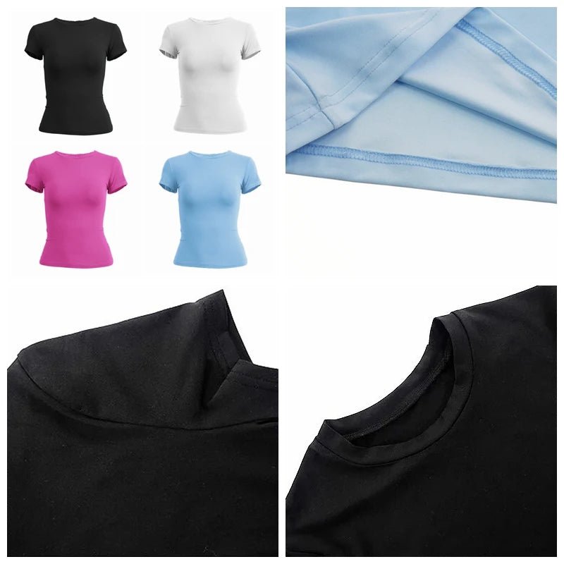Woman Clothing Short Sleeve T-shirt Slim Fit Tops Female O - Neck Knitted Sheath Tee Shirt Street Wear Sex Sporty 2024 Y2K New2410 - lily supply