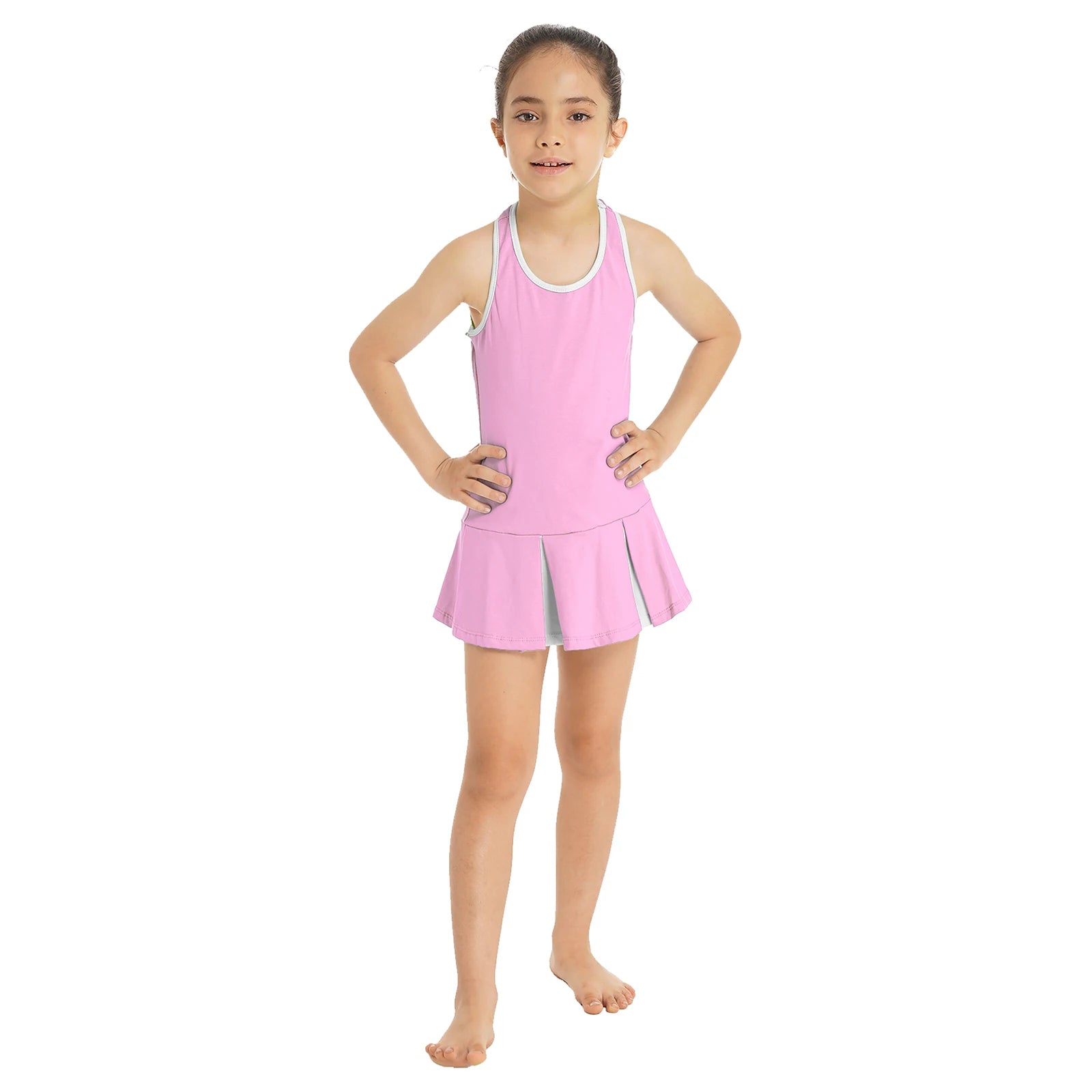 Kids Girls Golf Tennis Dress with Shorts Underpants Outfits Solid Color Sleeveless Sports Dress Workout Outfits - lily supply
