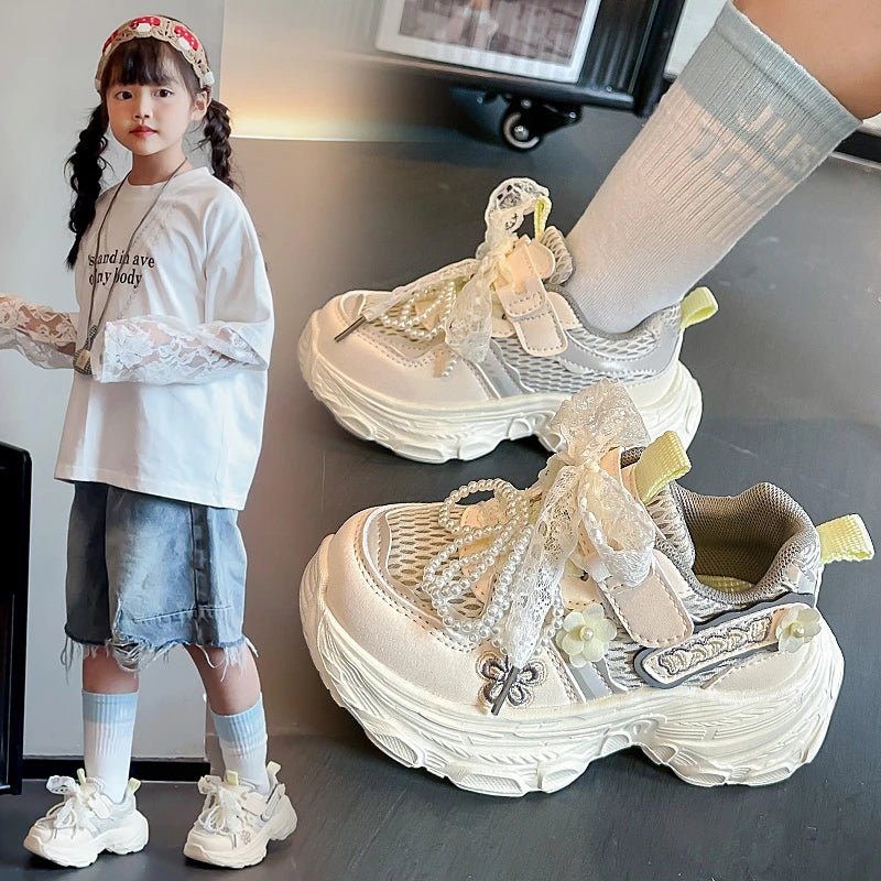 Girls Princess Sneakers Sweet Lace Beading Bows Children Sports Shoes Mesh Breathable 2025 Autumn New Kids Running Shoes Soft - lily supply