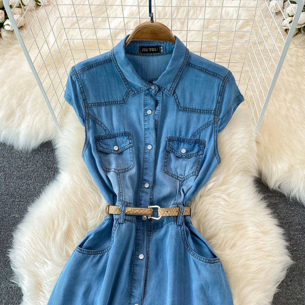 Denim Dress Women Vintage Dresses Turn Down Collar Single Breasted Washed Pockets Tight Waist Vestidos Streetwear 2025 A Line - lily supply